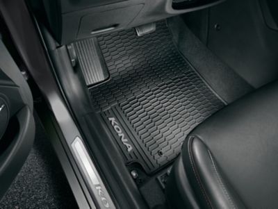 Genuine accessories all weather mats, with grey accent for the Hyundai KONA.