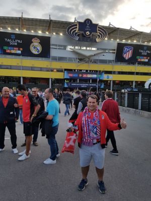 A photo of Atlético de Madrid fan José, who travelled to Tallinn to see his club play at the European Super Cup.