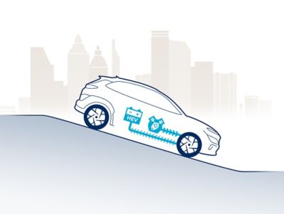 The regenerative braking system charges the battery while slowing the new Hyundai Kona Hybrid.