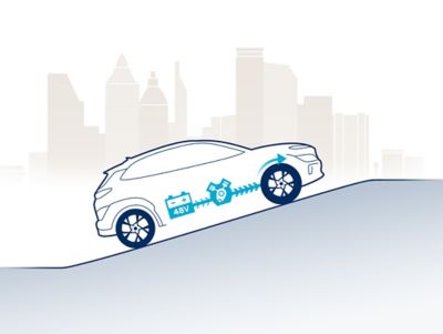 Illustration of the Hyundai TUCSON showing the acceleration of the 48V mild hybrid system.