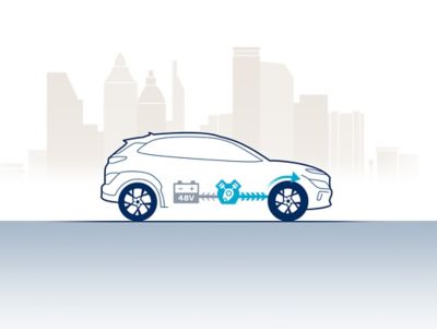 Illustration of the Hyundai TUCSON showing how the 48V mild hybrid system is charging while driving.