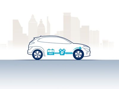 Illustration of the Hyundai TUCSON showing the start of 48V mild hybrid system.