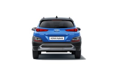 Immagine posteriore del SUV compatto Nuova Hyundai KONA Hybrid con il nuovo paraurti posteriore e il nuovo e robusto skid plate.