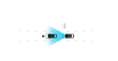 Illustration, depicting the Hyundai SmartSense Leading vehicle departure alert feature