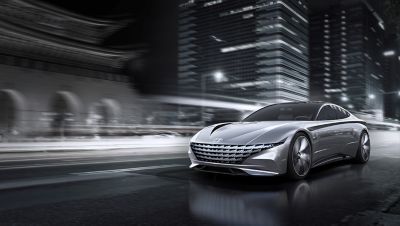 Hyundai concept car Le Fil Rouge pictured on city street at night.