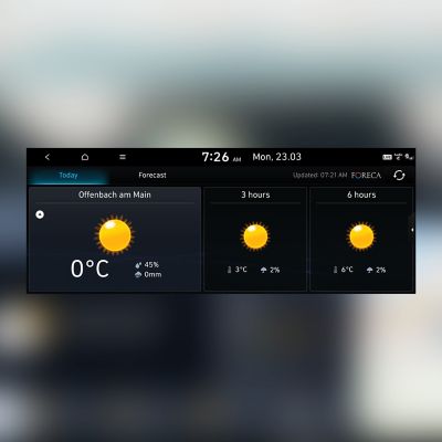 Screenshot z navigačního systému Hyundai, zobrazující informace o počasí.