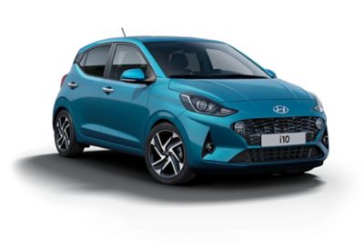 The Hyundai i10 in front-sideview in Aqua Turquoise Metallic.