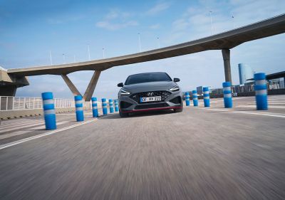 The Hyundai i30 Fastback N on a race track.