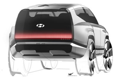Náčrt nového konceptu elektrického SUEV značky Hyundai SEVEN zezadu.