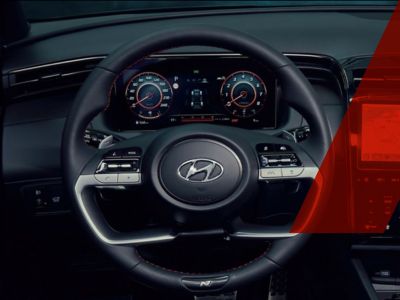 N Line steering wheel inside the cockpit of the Hyundai N Line models.