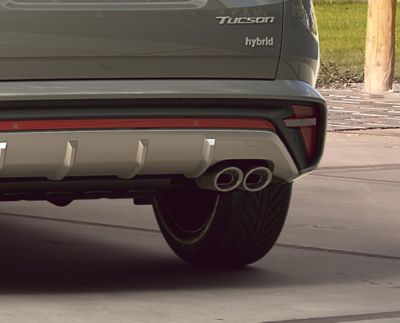 Detail of the all-new Hyundai TUCSON Hybrid N Line twin tip muffler exhausts.