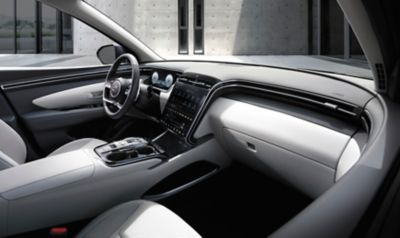 Interior design view of the all-new Hyundai Tucson Hybrid compact SUV's cockpit.