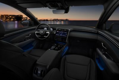 The interior design of the all-new Hyundai Tucson compact SUV with its ambient LED lighting. 