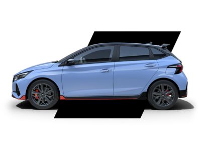 The Hyundai i20 N from the side showing its sporty profile.