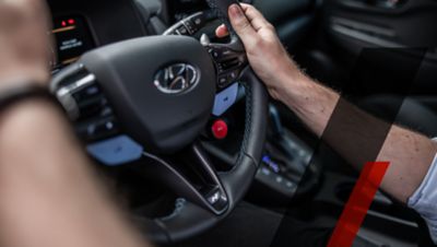 Closeup of the steering wheel of the Hyundai i30 N.