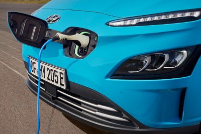 The new Hyundai Kona Electric charging with a AC type 2 charging cable.