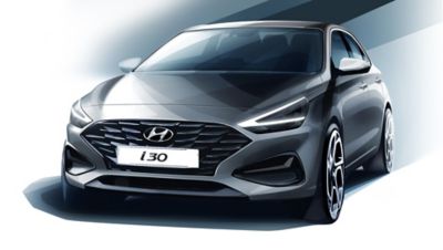 Designskisse av konseptet for nye Hyundai i30 sett forfra. Illustrasjon.