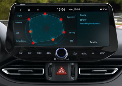 Dati delle prestazioni di guida sul display touchscreen da 10.25’’ all’interno della berlina ad alte prestazioni Nuova Hyundai i30 N