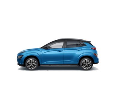 Side view of the Hyundai Kona Electric compact SUV with its sporty silhouette.