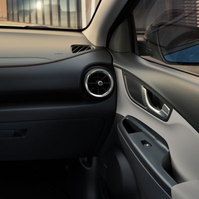 The interior of the new Hyundai Kona Electric in the grey two-tone.