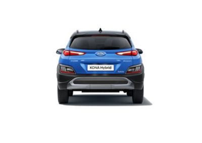 Rear view of the Hyundai Kona Hybrid compact SUV in Surfy Blue.