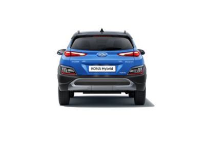 Pohled zezadu na nové kompaktní SUV Kona Hybrid v barvě Surfy Blue.