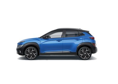 Sportowa sylwetka nowego kompaktowego SUV-a Hyundai Kona Hybrid – ujęcie z Z boku.