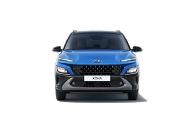 Front view of the Hyundai Kona with its robust SUV signature and unique style.