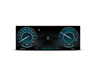 Cyfrowy zestaw wskaźników 10,25” nowego kompaktowego SUV-a Hyundai Kona Hybrid.