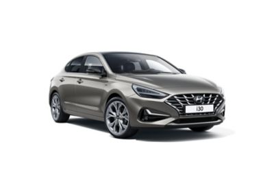 The Hyundai i30 Fastback pictured from the passenger side front.