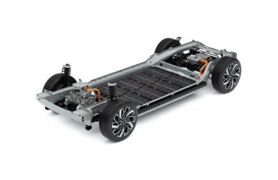 Plate-forme E-GMP de la Hyundai IONIQ 5 avec le bloc-batterie lithium-ion polymère.