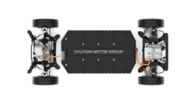 Elmotorene, batteripakken og hjulene på Hyundais elbilplattform (E-GMP). Illustrasjon.