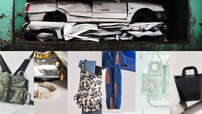 Fotokollasj av Hyundai Re:Style-produkter. Bilde av kondemnerte biler øverst. Foto.