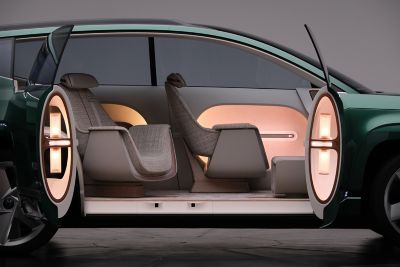 The new Hyundai electric SUEV concept SEVEN with its pillarless coach doors and ambient lighting.