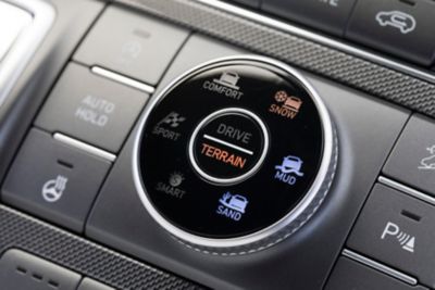 The Terrain Mode Selector in the Hyundai Santa Fe Plug-in Hybrid 7 seat SUV.