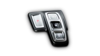 A close up image of the button type shift-by-wire inside the new Hyundai Santa Fe SUV.