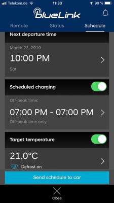 Bluelink-appen viser programmering av lading. Skjermbilde.