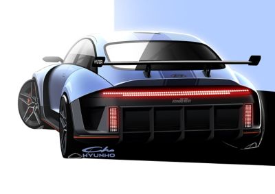 Design sketch of the Hyundai RN22e all electric rolling lab see from the rear.