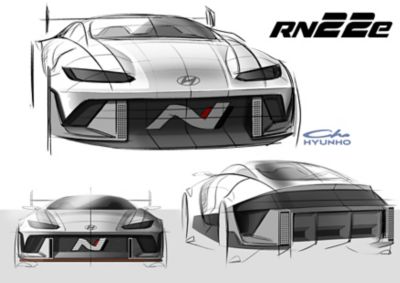 Design sketch of the Hyundai RN22e all electric rolling lab showing three views in black and white.