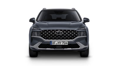 The Hyundai Santa Fe Hybrid 7 seat SUV showing its new full LED headlamps and bumper.