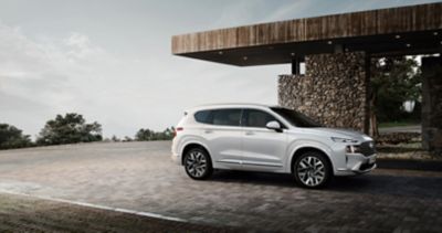 The Santa Fe 7 seat SUV in white from the side parked in front of a house.