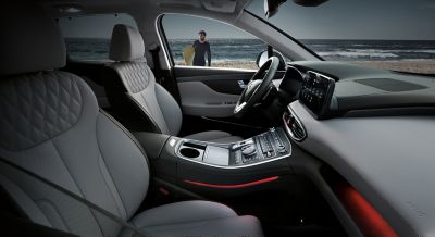 Interior view of the new Hyundai Santa Fe 7 seat SUV showing the cockpit. 