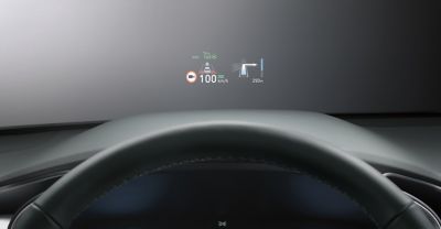 A picture of the head-up display inside the new Hyundai Santa Fe Hybrid SUV. 