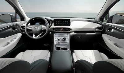 The Hyundai Santa Fe Plug-in Hybrid 7 seat SUV's premium interior design of the cockpit.