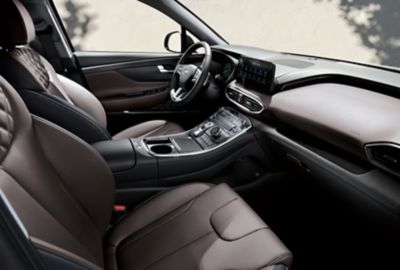 Interior view of the new Hyundai Santa Fe 7 seat SUV showing the cockpit. 