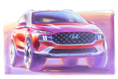 A concept drawing in color of the new Hyundai Santa Fe 7 seat SUV from the front.