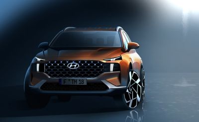 Szkic projektu przedniej części nadwozia nowego 7-miejscowego SUV-a Hyundai SANTA FE Hybrid.