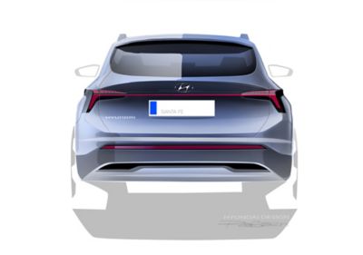 Szkic projektu tylnej części nadwozia nowego 7-miejscowego SUV-a Hyundai SANTA FE Hybrid.