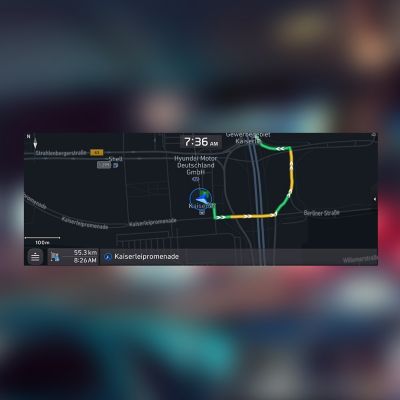 Captura de pantalla del sistema de navegación de Hyundai con las rutas conectadas.