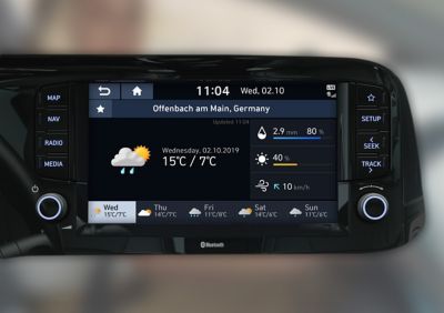 Das 8-Zoll-Display eines Hyundai i10 zeigt Wetterdaten